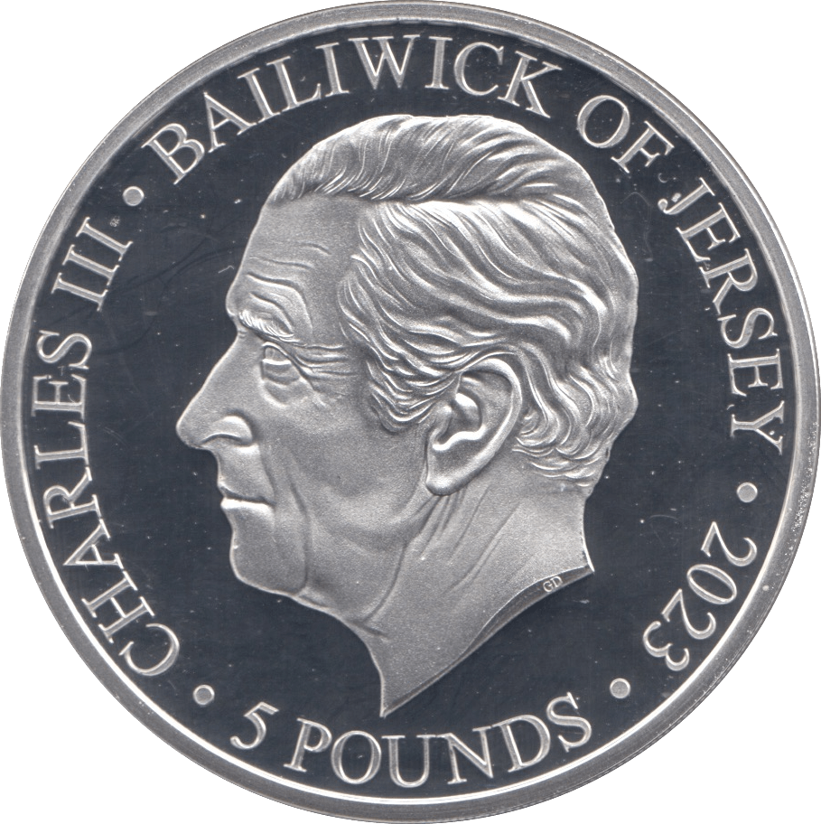 2023 SILVER PROOF FIVE POUNDS JERSEY - SILVER WORLD COINS - Cambridgeshire Coins