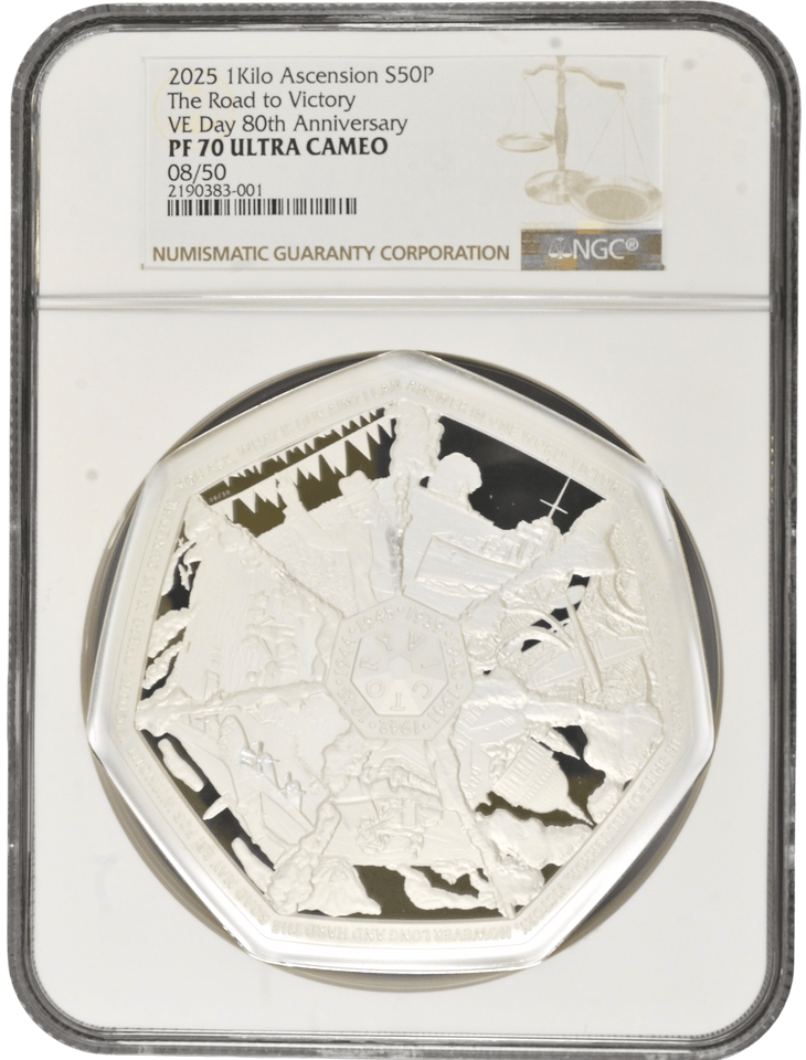 2025 SILVER PROOF 1 KILO ASCENSION 50P THE ROAD TO VICTORY VE-DAY 80TH ANNI. PF 70 ULTRA CAMEO 08/50 NGC - NGC SILVER COINS - Cambridgeshire Coins