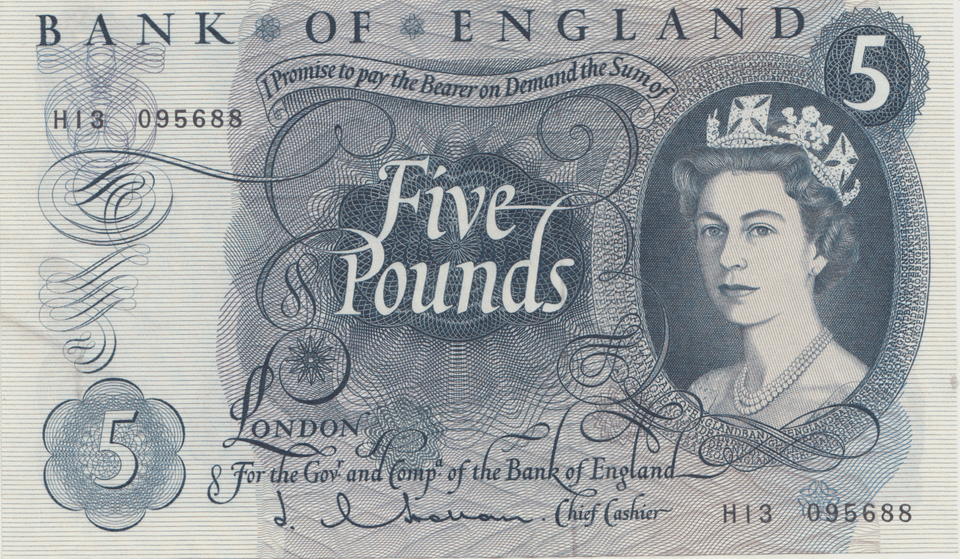 5 POUNDS BANKNOTE HOLLOM REF £5-158 - £5 BANKNOTES - Cambridgeshire Coins