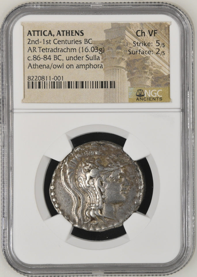 86 - 84 BC ATTICA ATHENS 2ND - 1ST CENTURIES BC AR TETRADRACHM ( 16.03G) C 86 - 84 BC UNDER SULLA ATHENA / OWL ON AMPHORA - NGC OTHER COINS - Cambridgeshire Coins