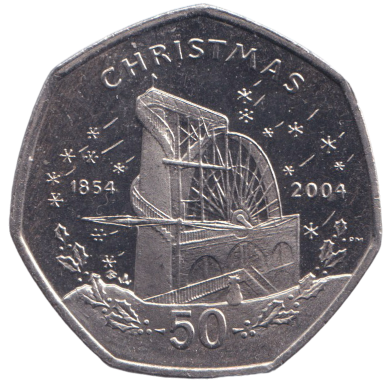 2004 CHRISTMAS 50P WATER WHEEL ISLE OF MAN ( BU )