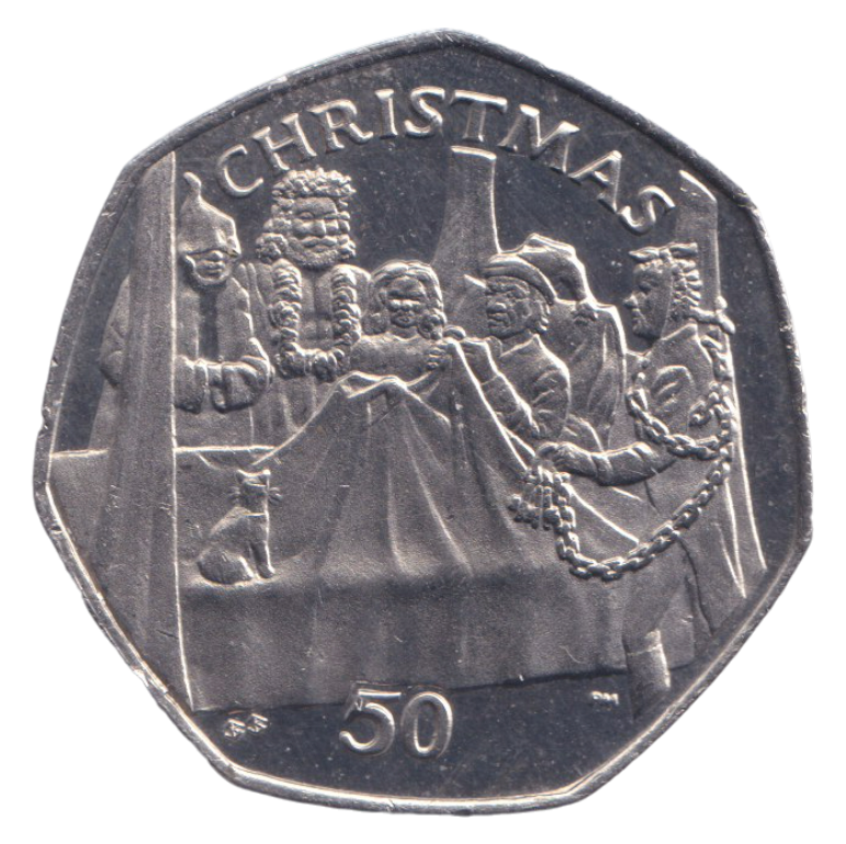 2002 CHRISTMAS 50P SCROOGE ISLE OF MAN ( UNC ) BB