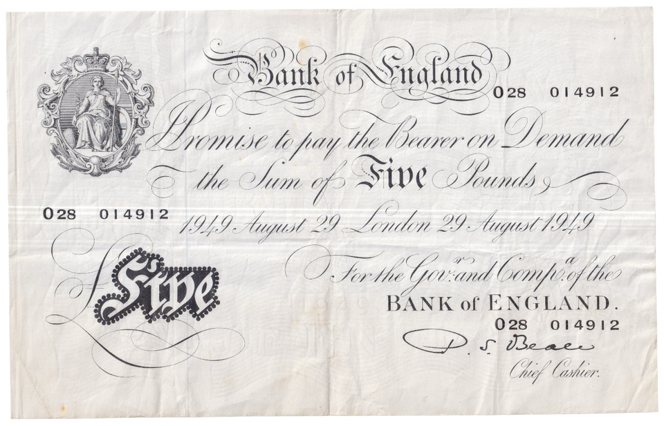 1949 WHITE FIVE POUND BANKNOTE 29TH AUGUST LONDON BANK OF ENGLAND REF 155