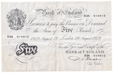 1949 WHITE FIVE POUND BANKNOTE 29TH AUGUST LONDON BANK OF ENGLAND REF 155