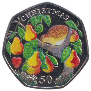 2005 CHRISTMAS 50P PARTRIDGE IN PEAR TREE COLOURED ISLE OF MAN ( BU )