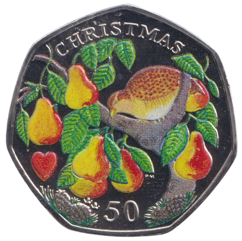 2005 CHRISTMAS 50P PARTRIDGE IN PEAR TREE COLOURED ISLE OF MAN ( BU )