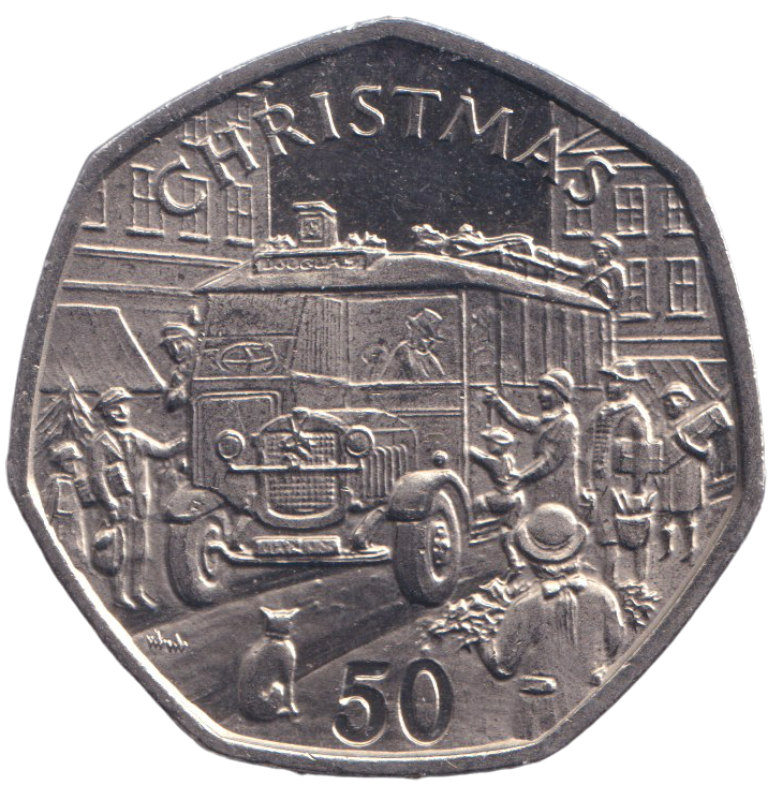 1987 CHRISTMAS LARGE 50P VINTAGE BUS ISLE OF MAN ( UNC ) AA