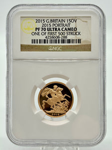 2015 GOLD SOVEREIGN (NGC) PF70 ULTRA CAMEO ONE OF FIRST 500 STRUCK 2015 PORTRAIT