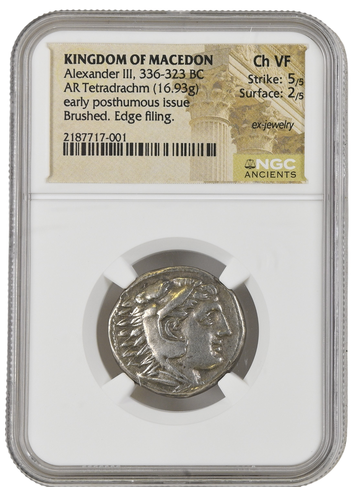 ALEXANDER III TETRADRACHM EARLY PROSTHUMOUS ISSUE STRIKE 5/5 SURFACE 2/5