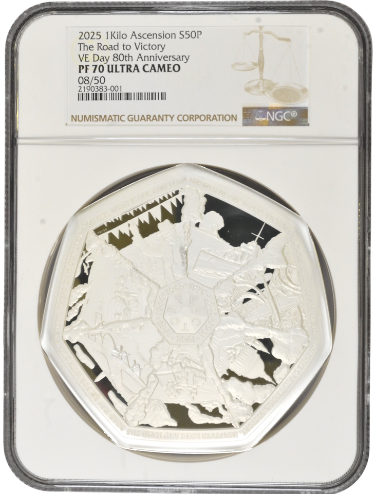 2025 SILVER PROOF 1 KILO ASCENSION 50P THE ROAD TO VICTORY VE-DAY 80TH ANNI. PF 70 ULTRA CAMEO 08/50 NGC