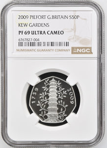 2009 SILVER PROOF PIEDFORT 50P KEW GARDENS PF69 ULTRA CAMEO