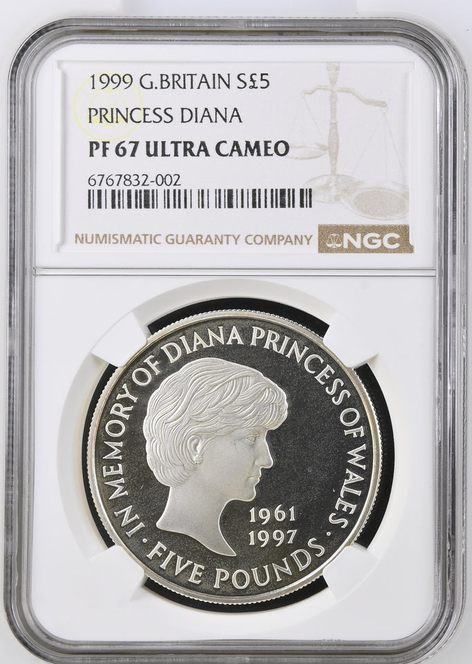 1999 SILVER PROOF FIVE POUNDS PRINCESS DIANA PF67 ULTRA CAMEO
