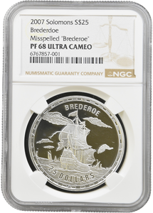 2007 SILVER PROOF 25 DOLLAR SOLOMONS BREDERDOE MISSPELLED "BREDEROE" PF 68 ULTRA CAMEO NGC