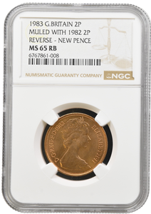 1983 NEW PENCE TWO PENCE MULE ERROR NGC MS 65 RB (RED BROWN ) RARE