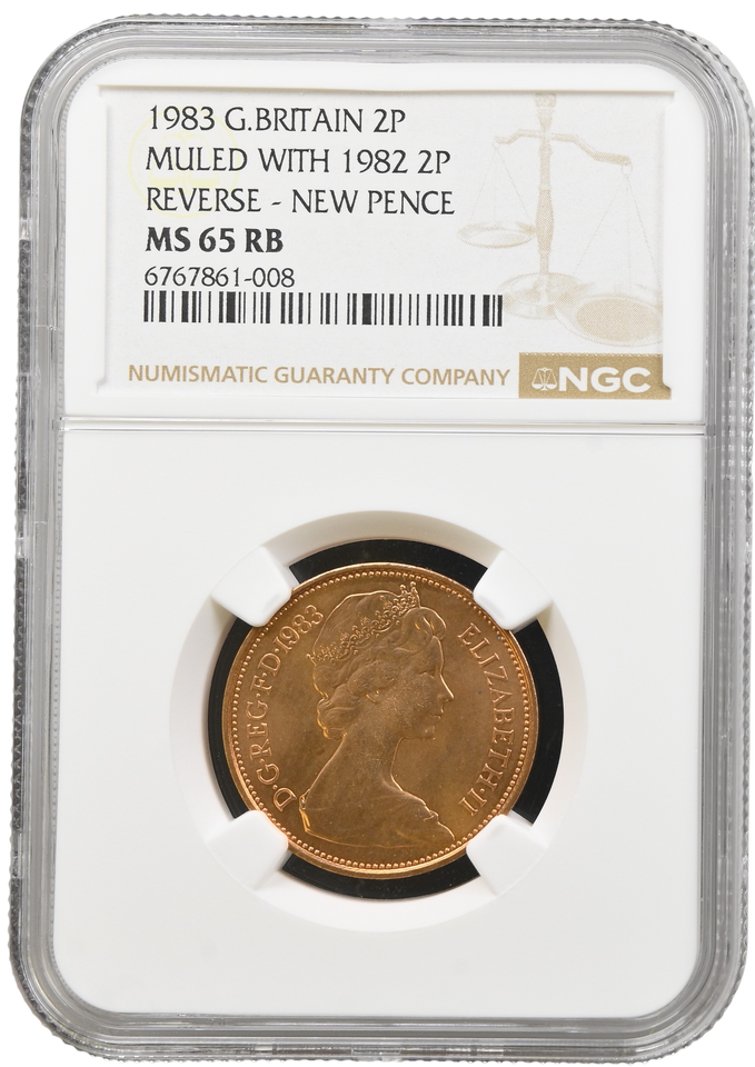 1983 NEW PENCE TWO PENCE MULE ERROR NGC MS 65 RB (RED BROWN ) RARE