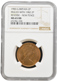 1983 NEW PENCE TWO PENCE MULE ERROR NGC MS 65 RB (RED BROWN ) RARE