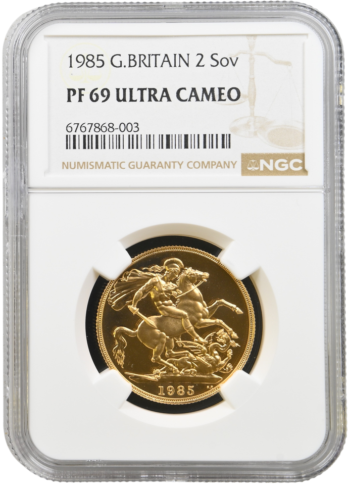 1985 GOLD PROOF DOUBLE SOVEREIGN £2 PF 69 ULTRA CAMEO NGC