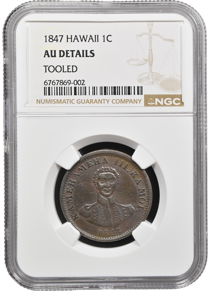 1847 1 CENT HAWAII TOOLED AU DETAILS NGC