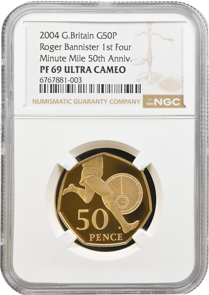 2004 GOLD PROOF 50P ROGER BANNISTER 1ST FOUR MINUTE MILE 50TH ANNIV. PF 69 ULTRA CAMEO NGC