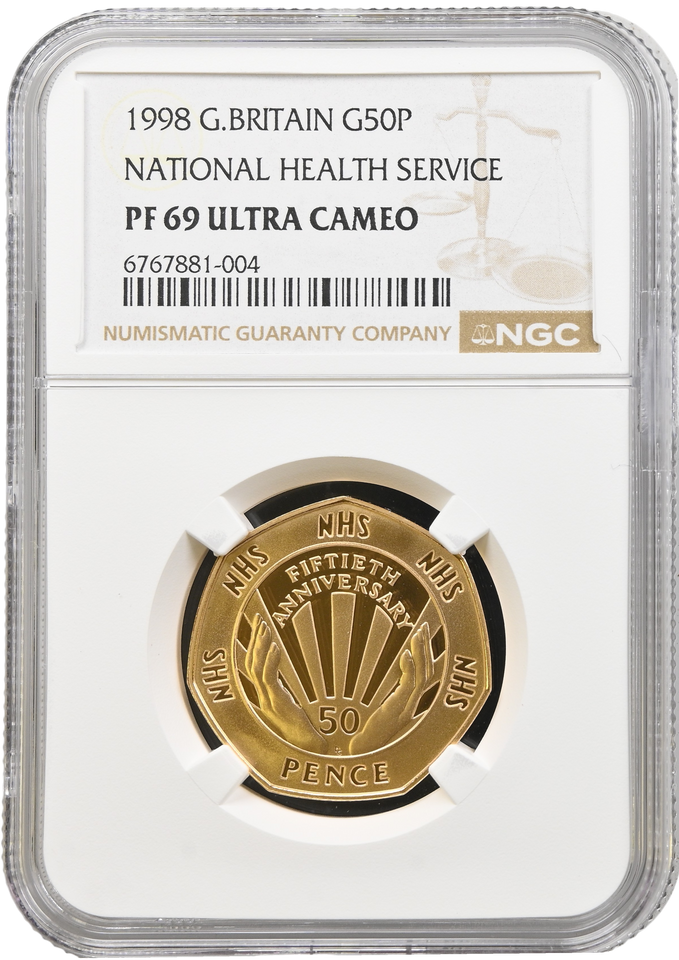 1998 GOLD PROOF 50P NATIONAL HEALTH SERVICE PF 69 ULTRA CAMEO NGC