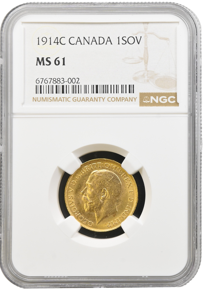 1914 GOLD PROOF SOVEREIGN CANADA MS 61 NGC