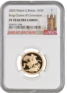 2023 GOLD PROOF PIEFORT SOVEREIGN KING CHARLES III CORONATION NGC PF 70