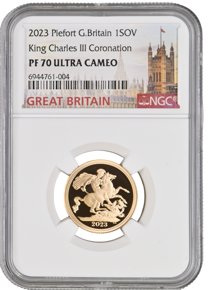 2023 GOLD PROOF PIEFORT SOVEREIGN KING CHARLES III CORONATION NGC PF 70