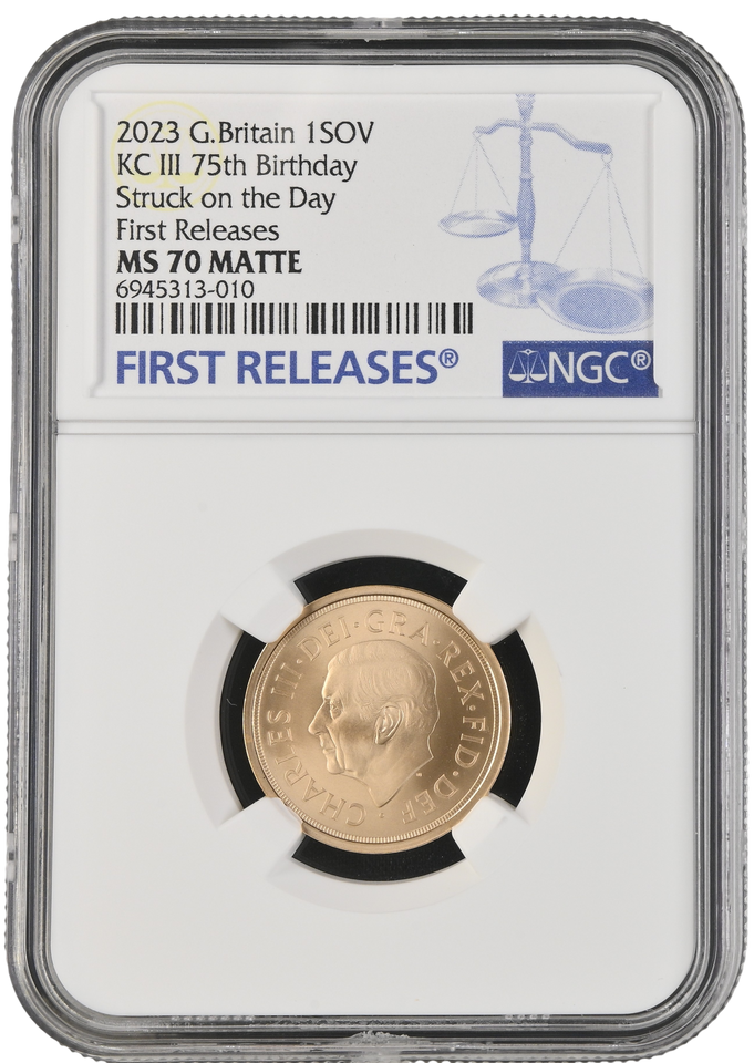2023 GOLD PROOF SOVEREIGN 75TH BIRTHDAY KING CHARLES III NGC MS 70