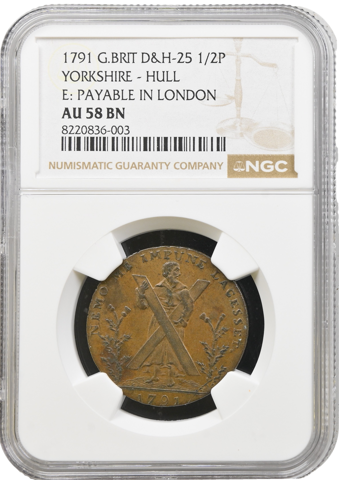 1791 GREAT BRITAIN HALFPENNY TOKEN YORKSHIRE-HULL PAYABLE IN LONDON AU 58 BN NGC