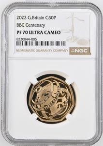 2022 GOLD PROOF 50P BBC CENTENARY PF 70 ULTRA CAMEO