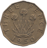 1950 BRASS THREEPENCE ( AUNC ) REF 22