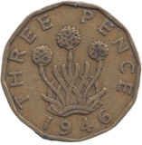 1946 BRASS THREEPENCE ( FINE )