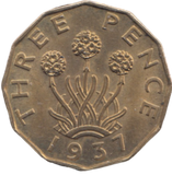 1937 BRASS THREEPENCE ( UNC )