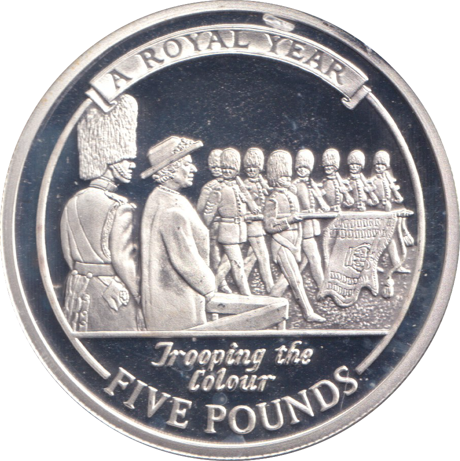 2005 SILVER PROOF FIVE POUNDS TROOPING THE COLOUR
