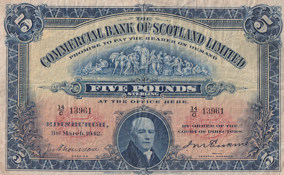 1942 FIVE POUND BANKNOTE COMMERCIAL BANK OF SCOTLAND REF SCOT-91 ( VF )