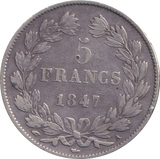 1847 SILVER 5 FRANCS FRANCE