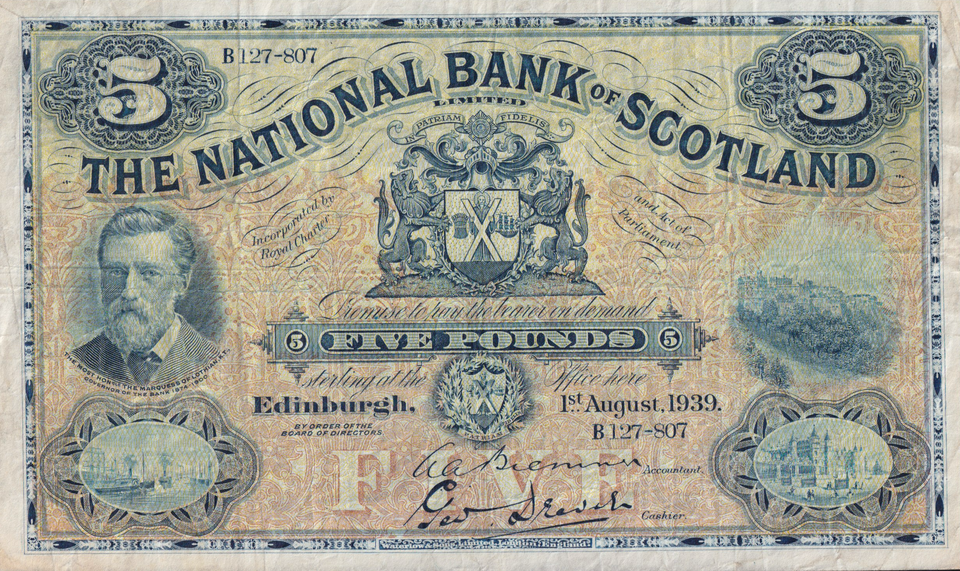 1939 FIVE POUNDS BANKNOTE NATIONAL BANK OF SCOTLAND REF SCOT-92 ( VF )