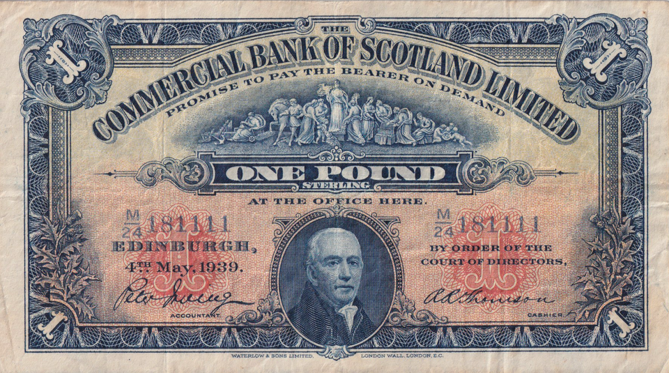 1939 ONE POUND BANKNOTE COMMERCIAL BANK OF SCOTLAND REF SCOT-89 ( VF )