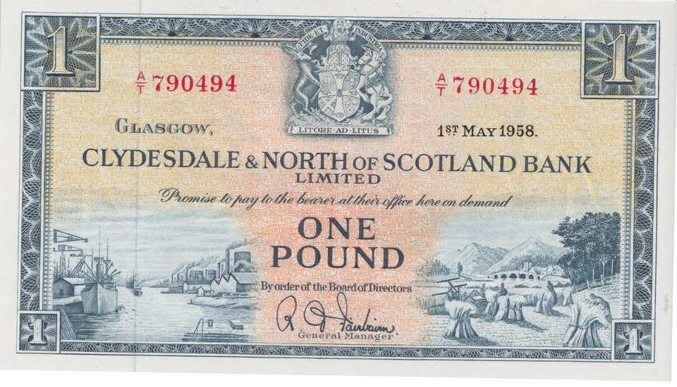 1958 ONE POUND SCOTLAND BANKNOTE FIRST RUN REF-1865