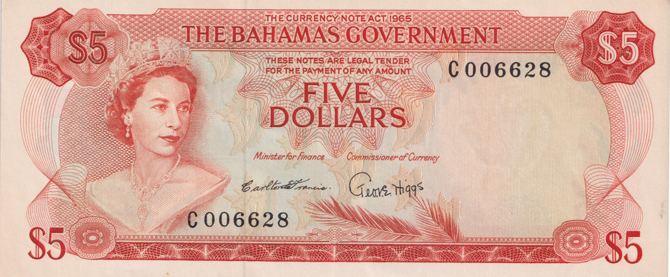 1965 BAHAMAS 5 DOLLARS BANKNOTE REF-1712