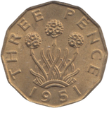 1951 BRASS THREEPENCE ( AUNC ) REF 15