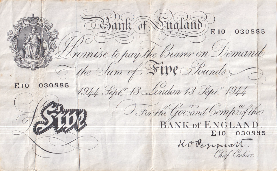 1944 WHITE FIVE POUND NOTE SEPTEMBER 13TH LONDON BANK OF ENGLAND PEPPIATT W£5-50