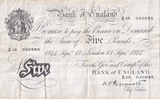 1944 WHITE FIVE POUND NOTE SEPTEMBER 13TH LONDON BANK OF ENGLAND PEPPIATT W£5-50