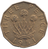 1951 BRASS THREEPENCE ( AUNC ) REF 14