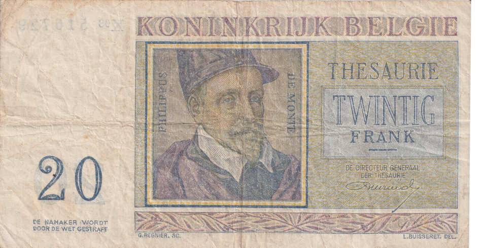 1956 BELGIUM 20 FRANCS BANKNOTE REF-1692