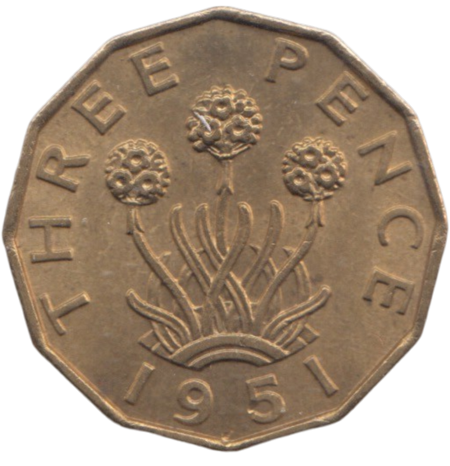 1951 BRASS THREEPENCE ( AUNC ) REF 12