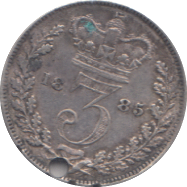 1885 HOLED THREEPENCE ( GVF )