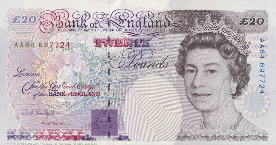TWENTY POUNDS BANKNOTE KENTFIELD REF £20-19 ( AUNC )