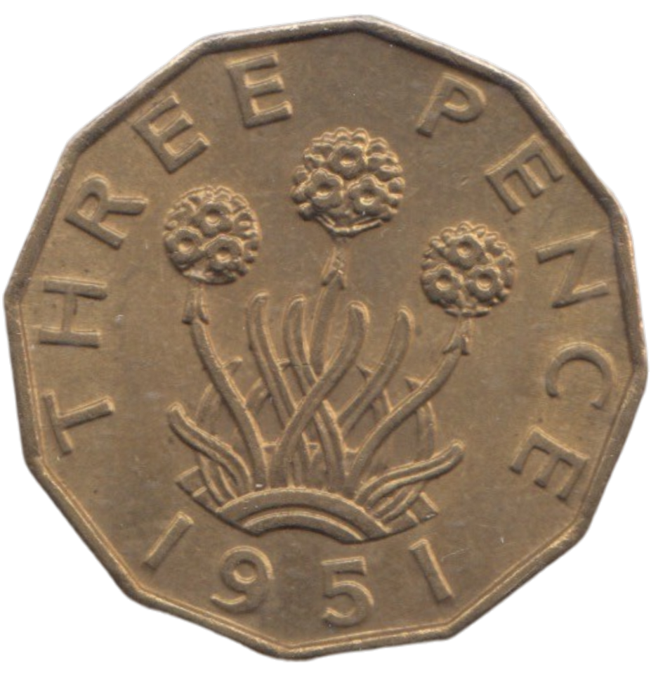 1951 BRASS THREEPENCE ( AUNC ) REF 10