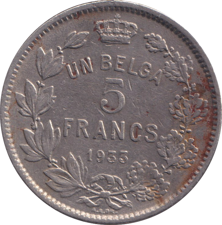 1933 SILVER 5 FRANC BELGIUM